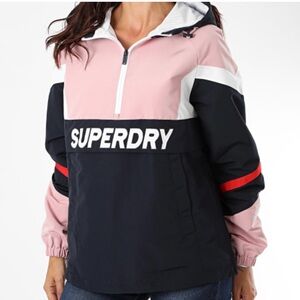 Superdry Women Colorblock Anorak Jacket Hoodie Navy Pink White Size 12